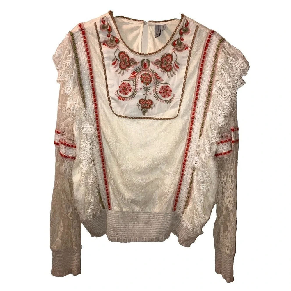 Anthropologie Bl^nk London Blouse Tali Embroidered Floral Lace Sz M Cream Boho